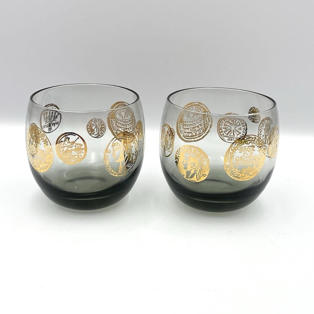 Vintage 1971 Federal Glass Roma Coins Roly Poly Tumblers Set Of 2 Smoky Gray